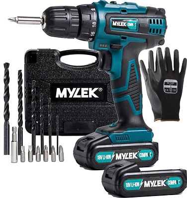 Mylek Cordless Drill 18V 2 Batteries Set Driver Screwdriver Combi Li-Ion Kit