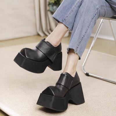 Real Leather 10CM Platform Shoes Personalized Square Toe Thick