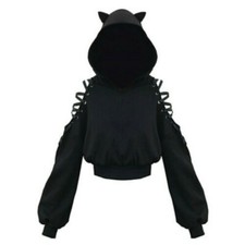 Damen Mädchen Japanisch Harajuku Katze Kapuzenpullover Gothic Punk Schnürbar Top
