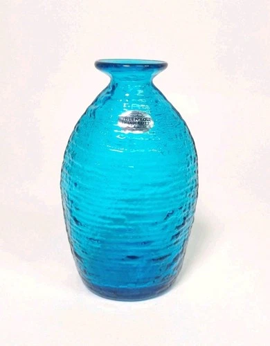 Blenko Glass Strata Vase Turquoise 7.25" w/ Decal & Etched Block Signature 2025