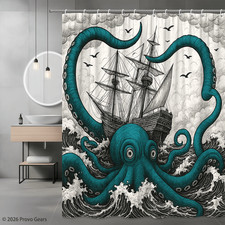 Octopus Pirate Ship Shower Curtain - Nautical Home Decor