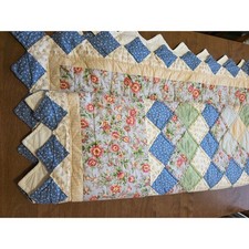 Handmade Patchwork Quilt Floral Gingham Blue Green Yellow Sawtooth Border 81x78