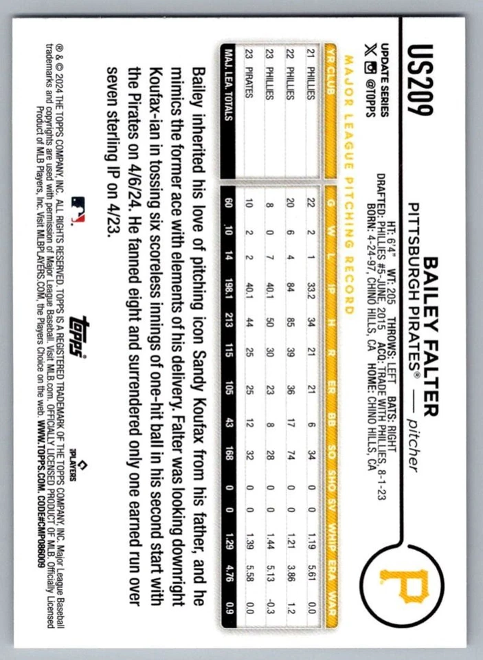 2024 Topps Update Bailey Falter Pittsburgh Pirates #US209 - Image 2 of 2