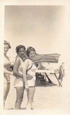 Vintage Young Women Swimsuit 1940s Photo Hands Waist Posing One Piece Shorts