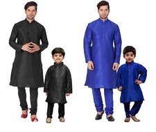 Dupion Silk Kurta Pajama Set For Father  Son Ethnic Wedding Partywear Combo Set