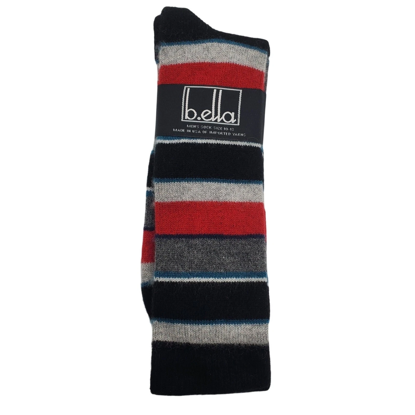 79% Cashmere Crew Socks Mens Black Grey Red Stripe NWT B.ella Large 10-13 Arthur