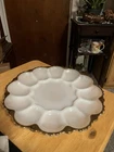 Vintage Deviled Egg Plate White Milk Glass Tray Oyster Dish Gold Edge 10" VGC