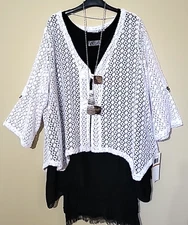 Nina Leonard Artsy Boho 3/4 Sleeve Wood Button Topper Overpiece Plus 3X Asymmetr