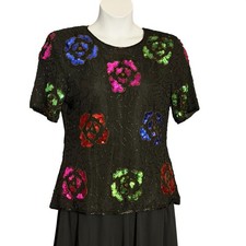 Vintage 80s Stenay Silk Beaded Sequin Top Sz L Floral Black Evening Party Retro