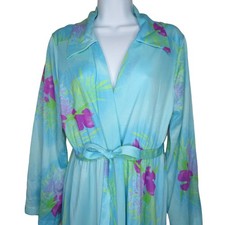 Vintage 60s Komar Leisurely Living Womens M Robe Blue Floral TieWaist Loungewear
