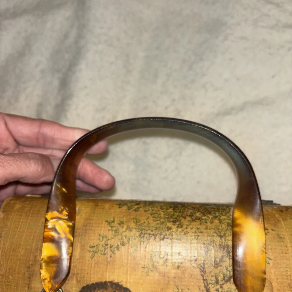 Cartera Caja Madera Hecha a Mano De Colección Búho Familia Lucite Mango Único Decoupage Foto 3 de 4