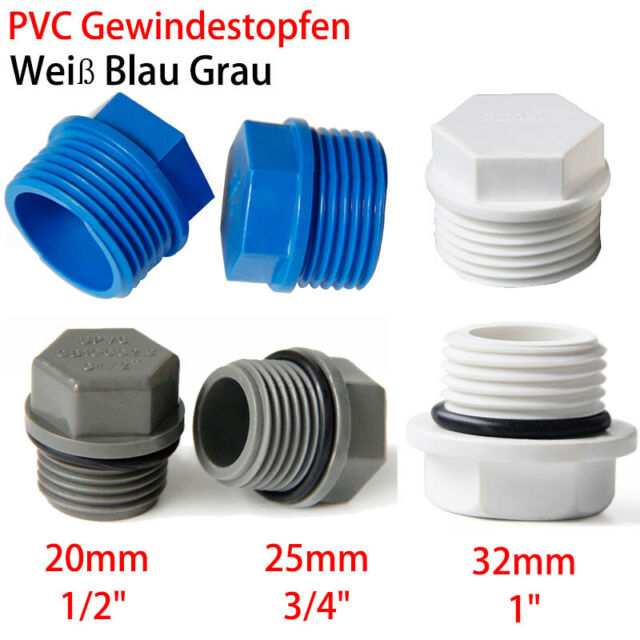 PVC Gewinde Stecker 1/2" 3/4" 1" Endrohr Verschraubung Fitting Weiß/Blau/Grau