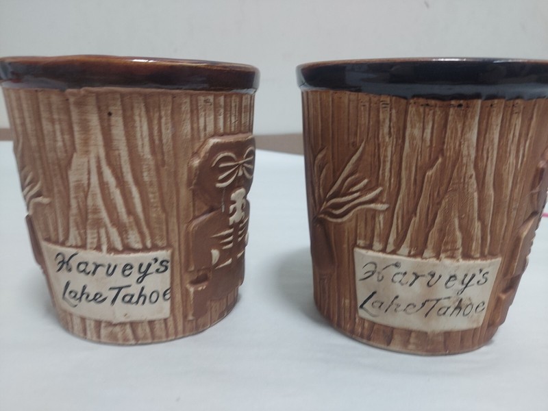 Pair Vintage Harvey's Lake Tahoe Casino Tiki  Mugs by Otagiri W/ 1 Stirrer