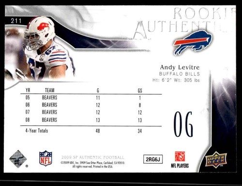 2009 SP Authentic Andy Levitre Rookie 612/999 Buffalo Bills #211 R124 - Picture 2 of 2