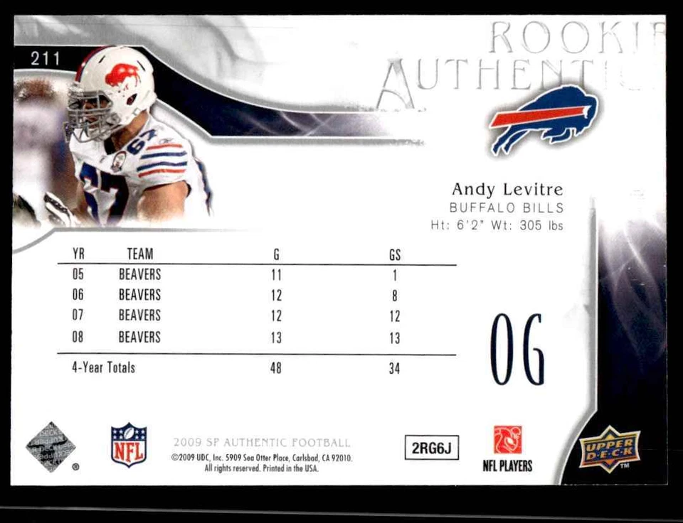2009 SP Authentic Andy Levitre Rookie 612/999 Buffalo Bills #211 R124 - Image 2 of 2