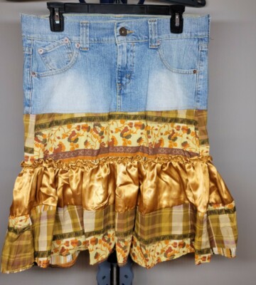 Levis Blue Denim Skirt Floral Ruffle Bottom Gold Brown Upscycle Boho Women  Sz
