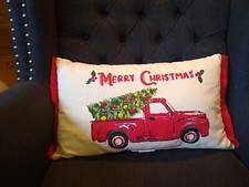 EMBROIDERED Merry Christmas PILLOW Old Red Pick-up Truck 20" X 11" EUC