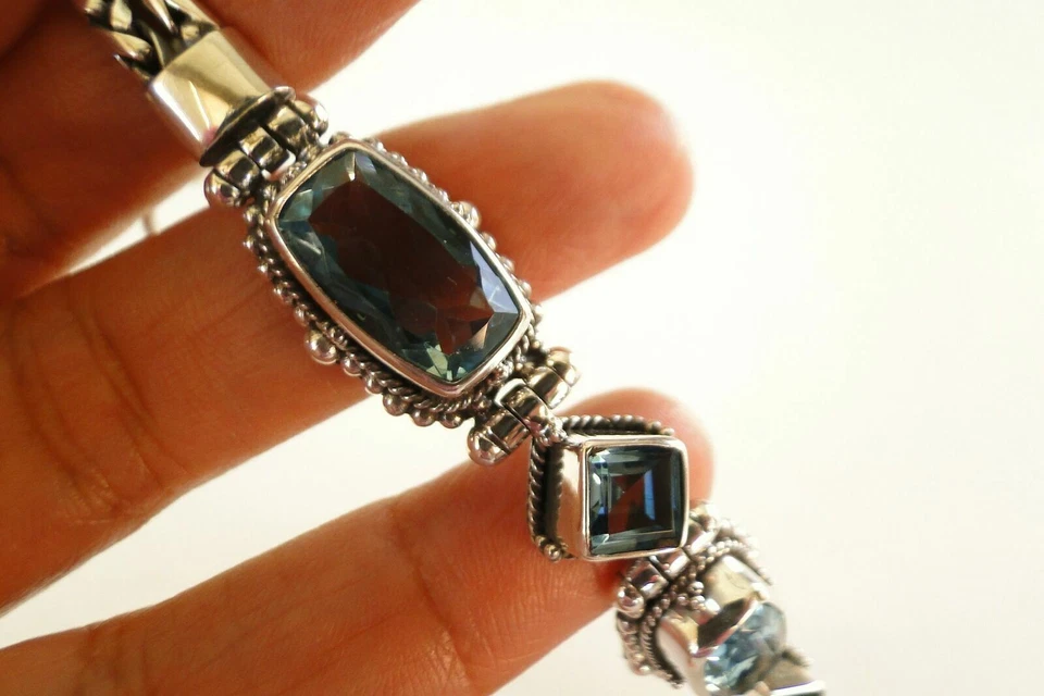 蓝色黄玉装饰巴厘岛纯银护目镜手链 — 第 2/4 张图片