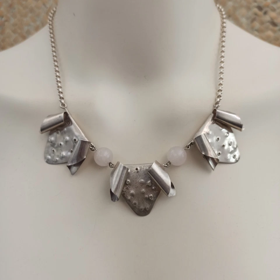 Handmade Silver Necklace Brutalist Modernist Sculptural OOAK Pink Stone 925 Gift - Image 2 of 4