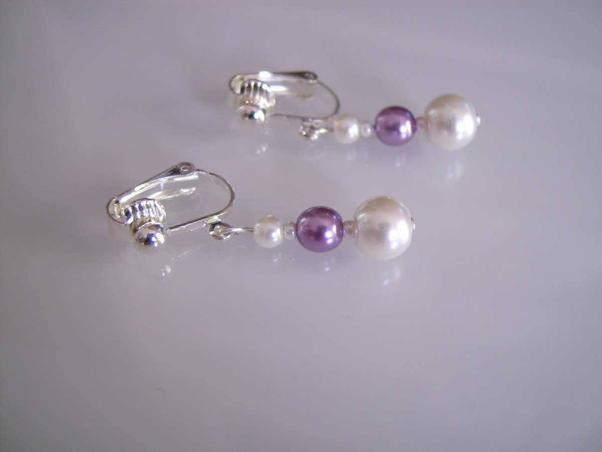 Boucles D'oreilles à Clip Blanc/Parme/Mauve/Cristal - Mariage Soirée