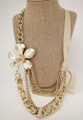 29'' Ann Taylor Loft New W/ Tag Necklace Metal Chain Statement Ribbon Gold Flower