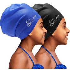 2 Pack Kids Extra Large Swim Cap for Long Thick Hair Waterproof Silicone Swim...