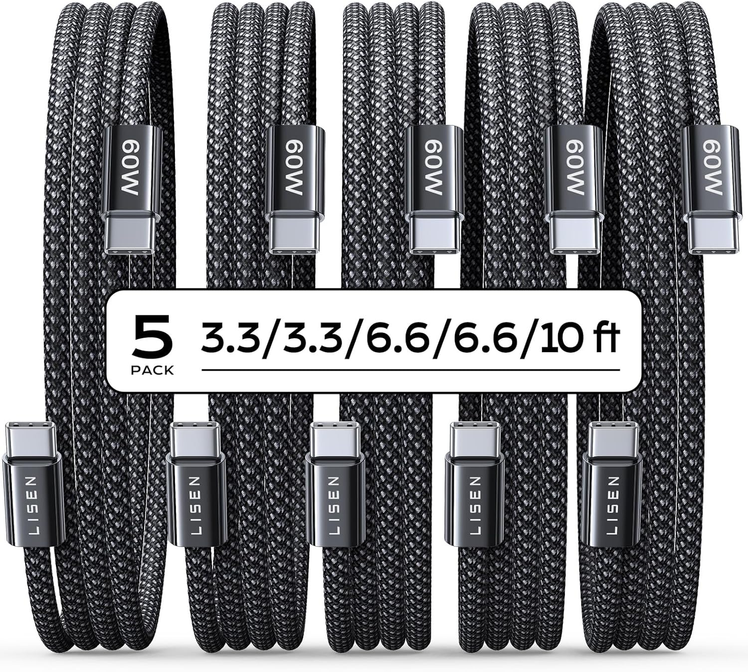 5-Pack USB C to USB C Cable for iPhone (3.3/6.6/10FT) Fast Charging-image