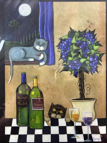Peggy Cook 2006 Whimsical Art Cat Kitten Merlot Chardonnay Wine Print - Picture 2 of 3