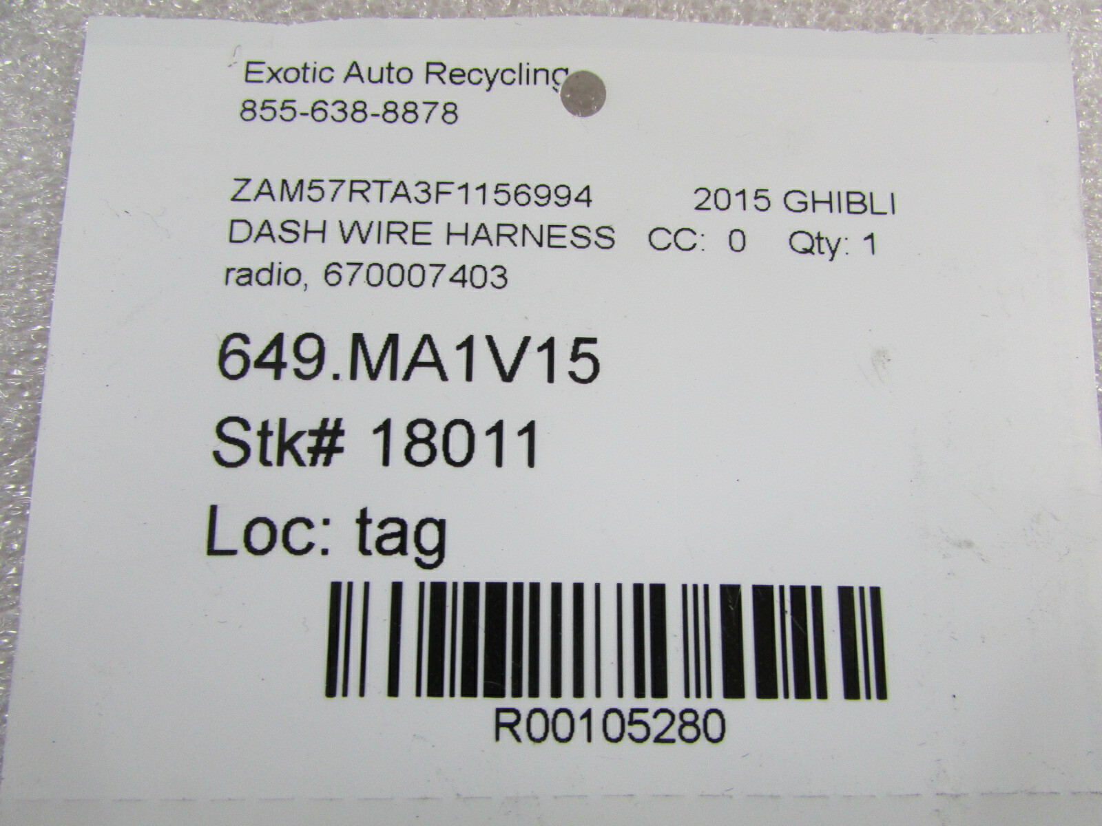 Maserati Ghibli, Radio Wire Harness, Used, P/N 670007403