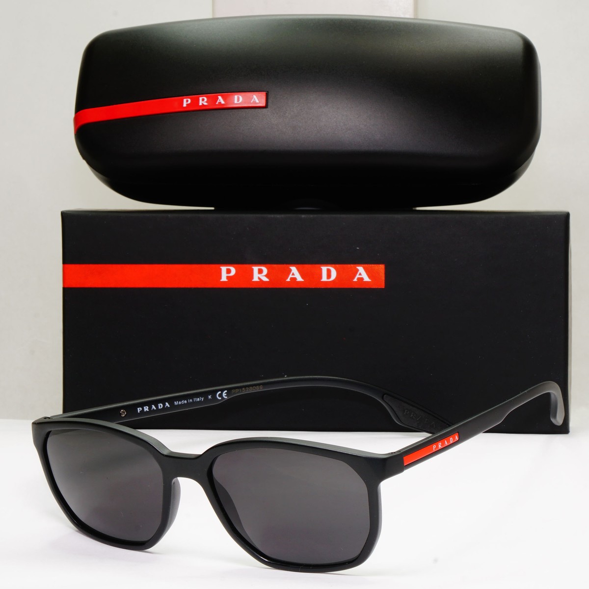 Prada Sunglasses Black Matte Square Red Stripe PS03MV VPS 