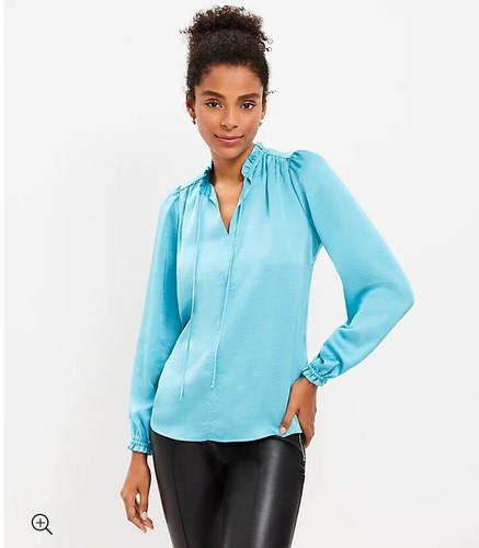 LOFT NWT Ruffle Tie Neck Mixed Media Blouse - Blue Dusk - Size X Large ...