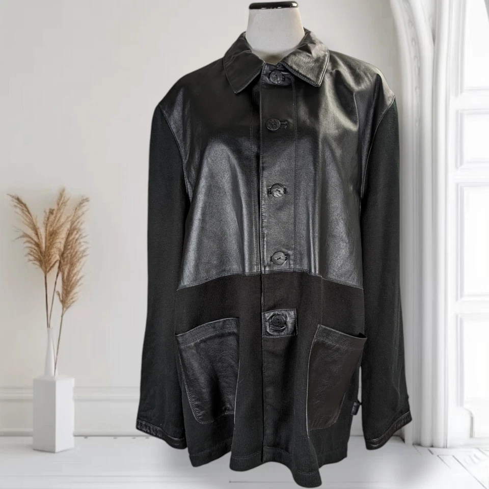 Jhane Barnes Knit Leather Patchwork Jacket Size 44 Long Sleeve Coat - Image 2 of 4