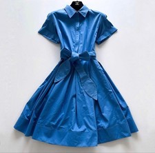 CAROLINA HERRERA Dress Size 0 Blue Flare with Waist Ribbon Cotton Blend