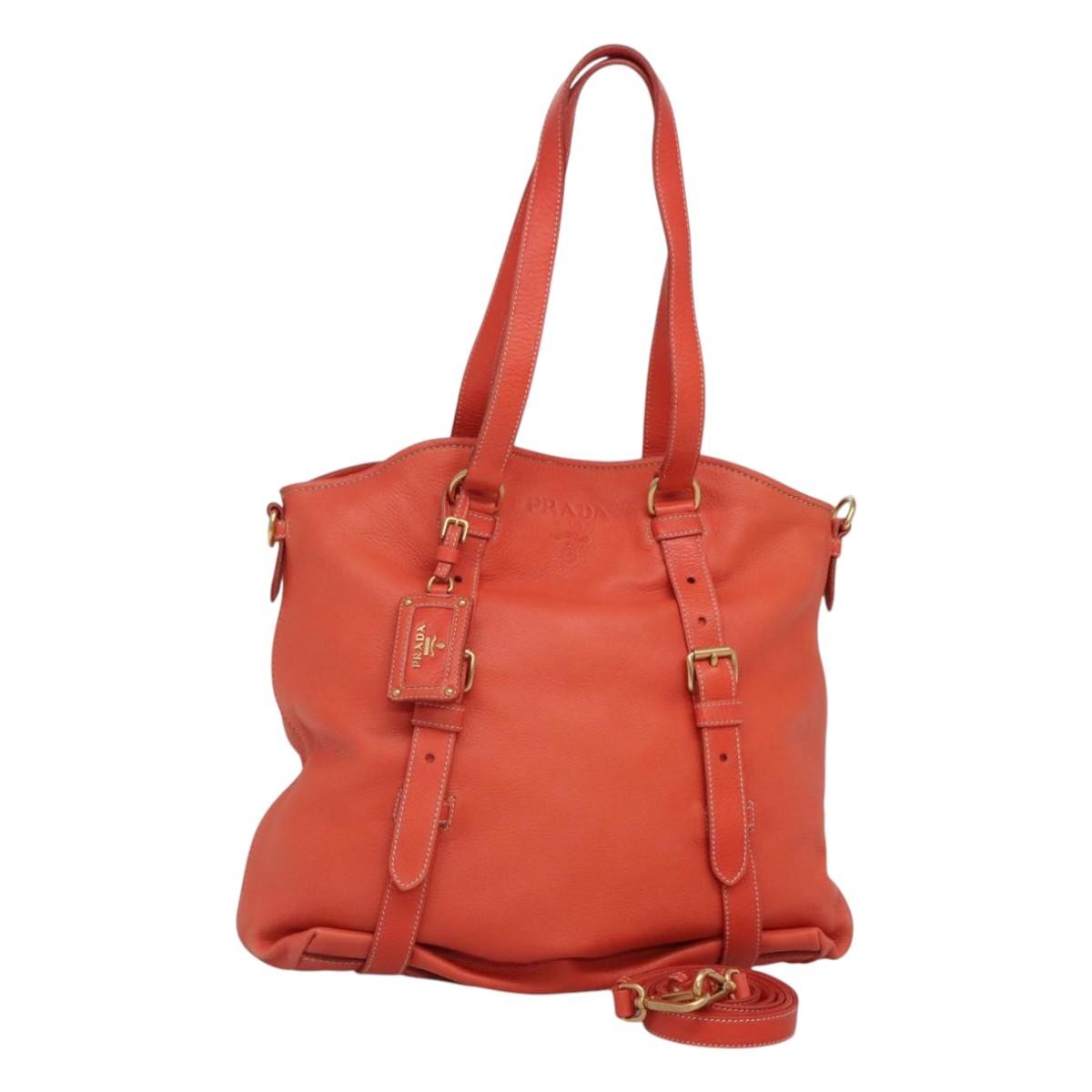 Prada Orange Gold Leather 2-Way Handbag Auth BD1195V