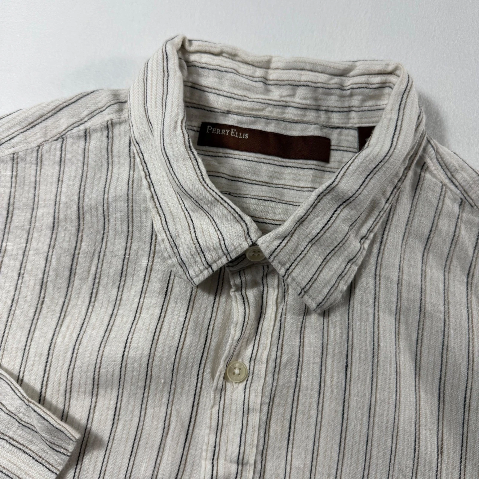 Perry Ellis Linen Shirt Mens XL White Brown Striped Short Sleeve Casual EUC
