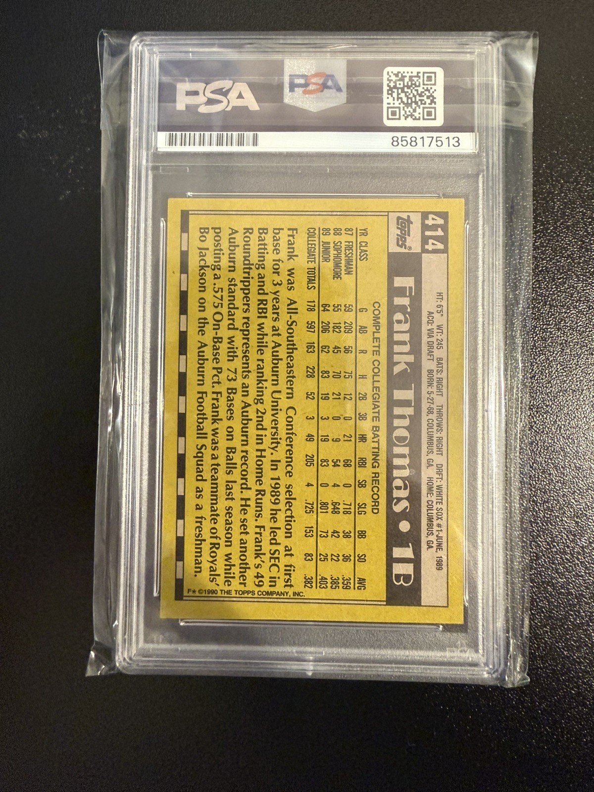 Frank Thomas 1990 Topps #414 Rookie RC Signed PSA Authentic Auto White Sox view 2