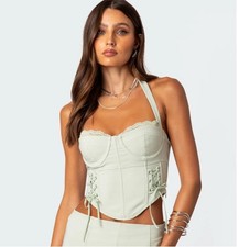 Edikted Sage Green Halter Lace-Up Corset Bustier Top Medium S14316
