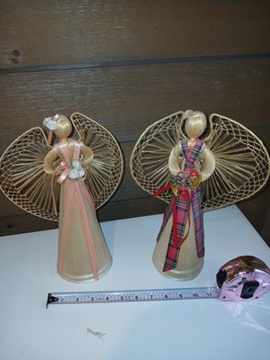 Vintage Corn Husk Angels Set of 2   10  Handmade Philippines