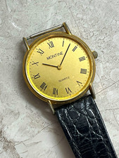 Montine Vintage Quartz Gold Tone 32mm Dress Watch Gold Roman Dial Black Leather 