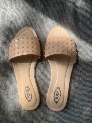 Tod s Gommino Studded Slide Sandals Nude Pink Leather Flats Women's EU 39.5/US 9