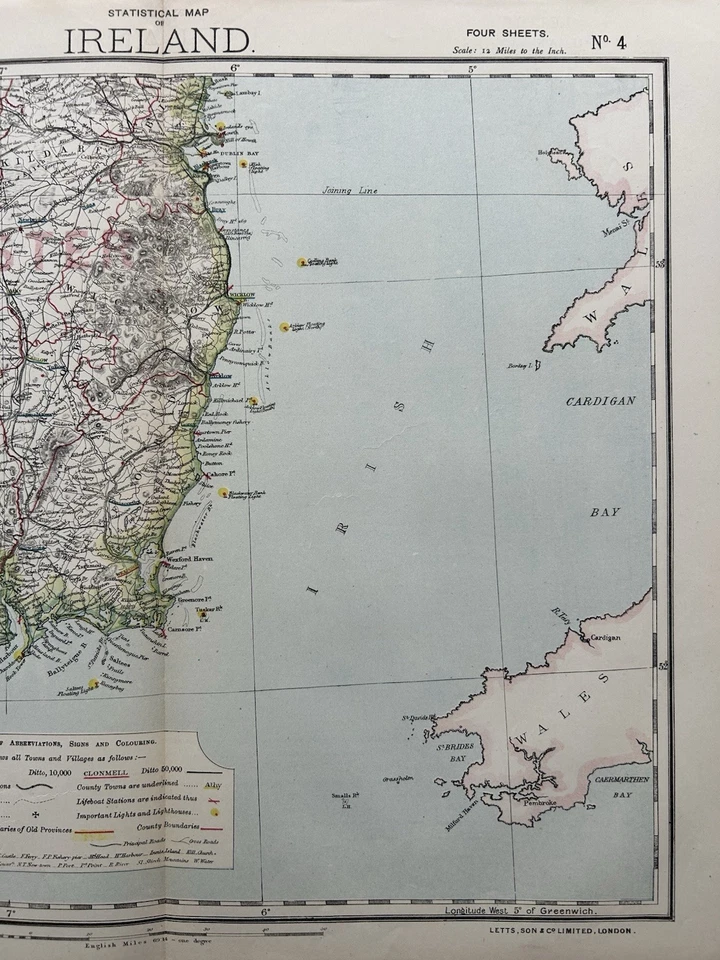 Mapa a color antiguo original de Irlanda del Sudeste de 1883 por Letts Foto 3 de 3