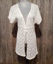 Susan Bristol M Women's Cardigan Sweater Cream White 1 Button Front Short Sleeve