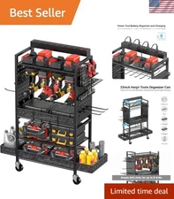 Black Floor Standing Drill & Tools Storage Cart with Swivel Wheels and 8 Outlets