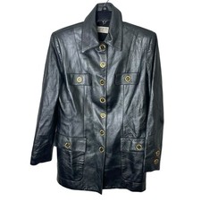 St. John Collection VTG Size 8 Gunmetal Gray Lamb Leather Logo Snap Jacket Luxe