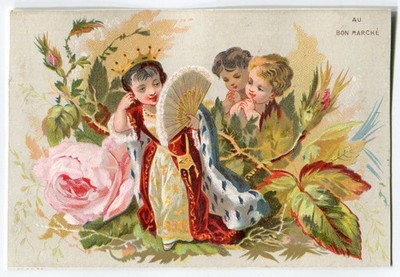 Glanzbilder scraps Karte Litho Kinder in Rosen Au Bon Marche -3 11,1 cm