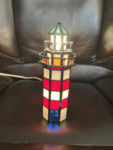 Vintage Stained Glass Lighthouse Lamp with cord Tiffany Style*Working* 7" tall