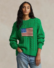 Polo Ralph Lauren Green Aran Knit Cotton American Flag Oversized Sweater L NWT