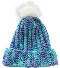 Crochet Ribbed Beanie With Faux Fur Pom Pom - Adult Size Ocean