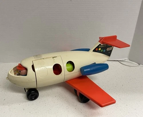 Fisher Price Little People Vintage Jet Airplane White Blue With Pilot And Access