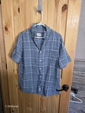 Weatherproof Vintage Mens Large Button Down Shirt Blue Gray Plaid Linen Cotton